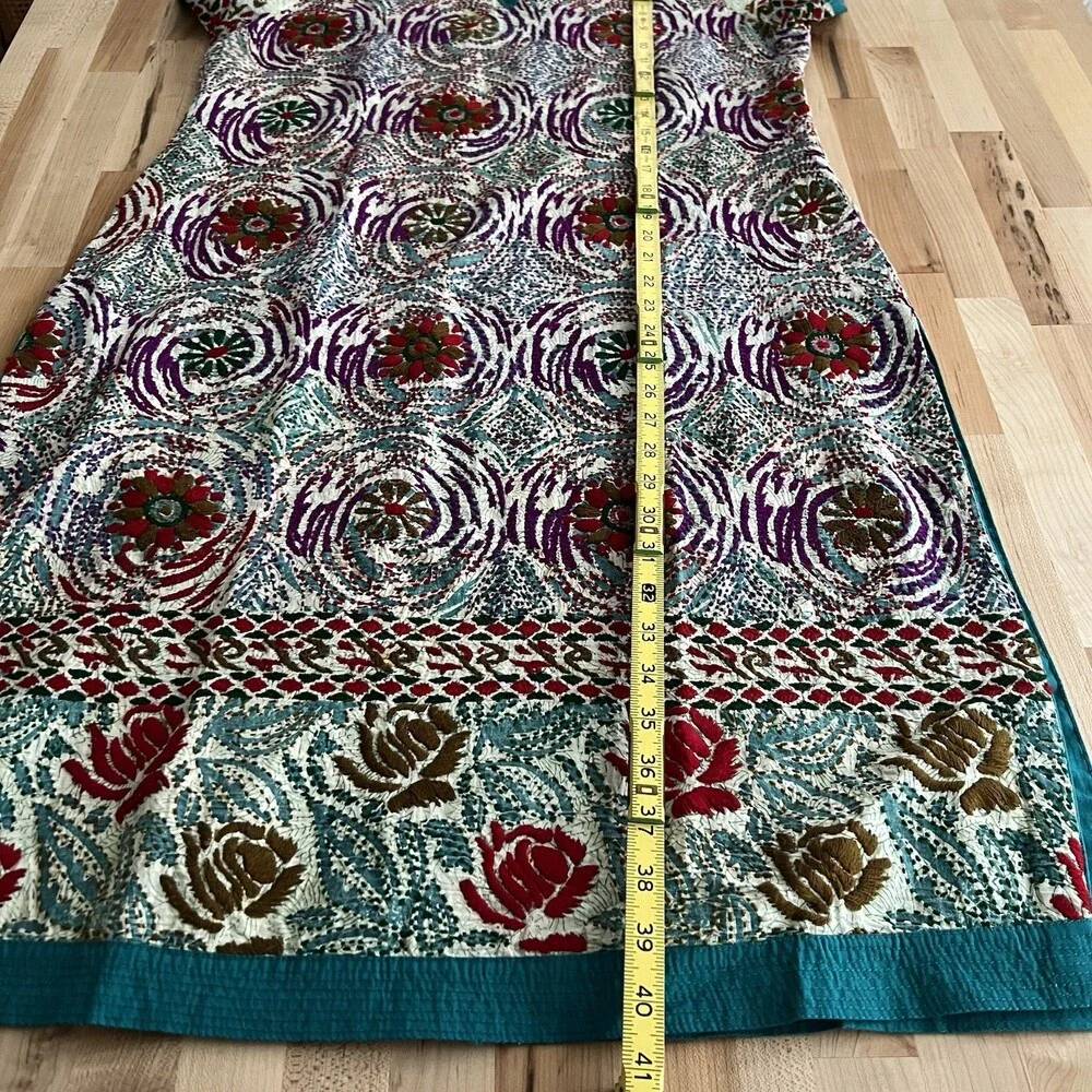 Women's Short Sleeve Side Split Tunic Kameez Multicolor Embroidered Cotton M - Picture 9 of 10